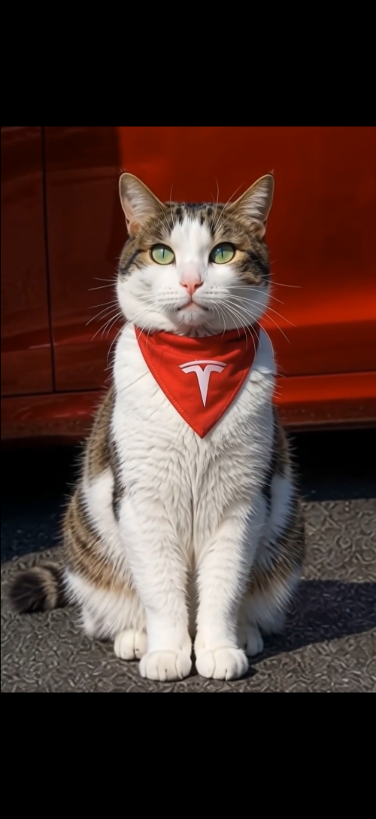 Tesla Cat mascot wearing a red bandana beside a red futuristic car