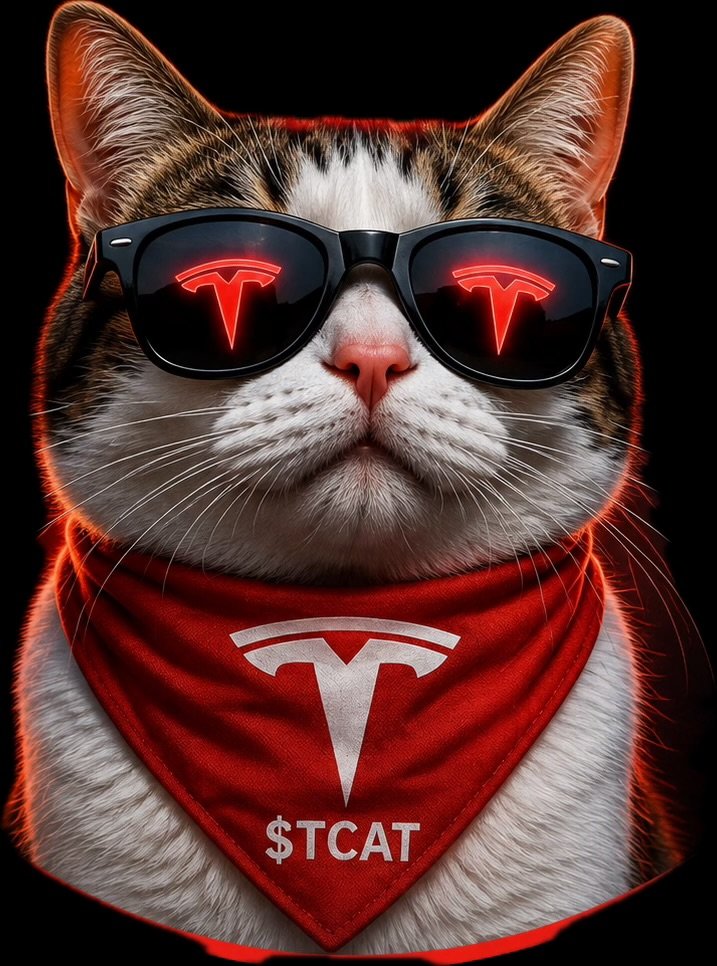 Tesla Cat mascot with sunglasses and red TCAT bandana